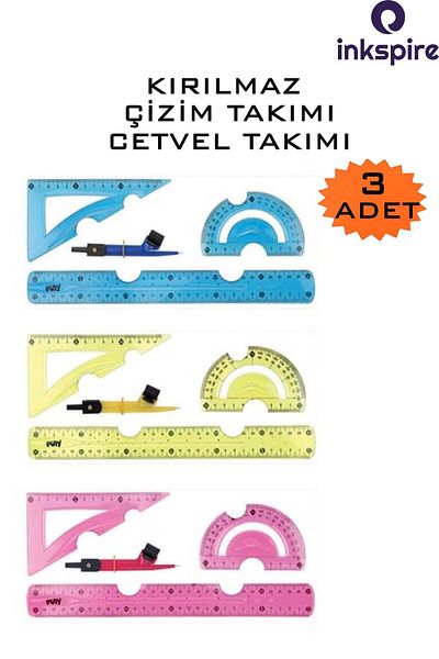 inkspire 30 cm Colored Flexible Drawing Set - 3 Pack Unbreakable Ruler, Pergel Miter Protractor