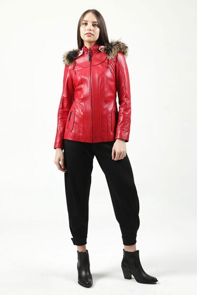 Dericlub Mistral Women's - Genuine Leather Hooded Coat, Red