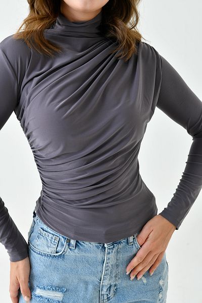 bayansepeti Bluză de damă elastică afumată - croială asimetrică, mânecă lungă, guler 9871