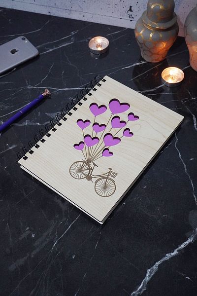 markcat Wooden Notebook - Bicycle Balloon Pattern, Diary Unlined Notebook, A5 School Notebook - Gift for Lover
