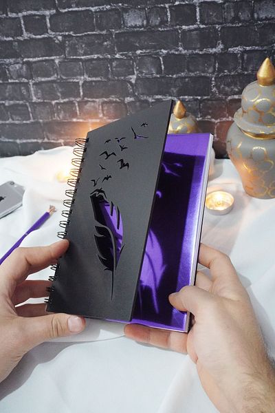 markcat Black Bird Feather Design - Diary Notebook with Wooden Cover, Unlined A5 Notebook