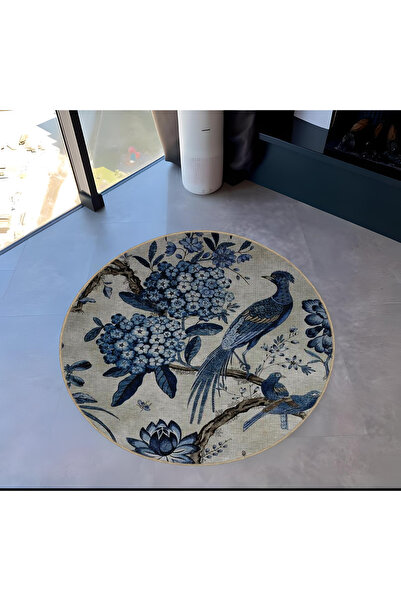 Rugs Modern Halı Blue Beige Theme Bird and Flowers on Tree Branch Patterned R...