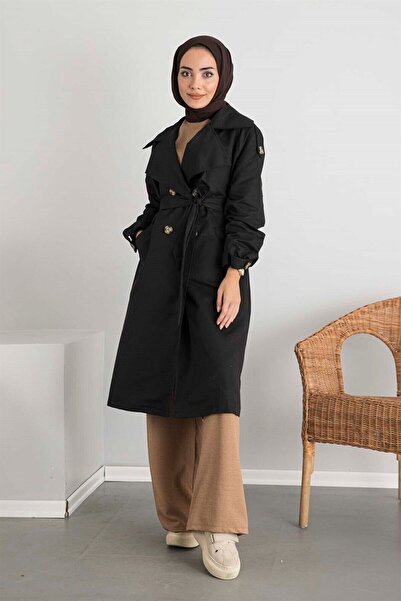 Genel Markalar Kol Kemerli Trençkot Siyah
