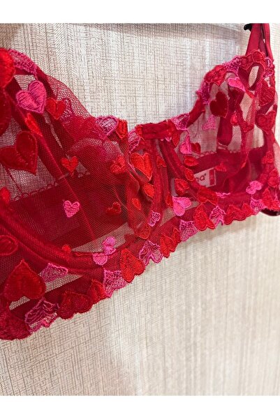 dem merys Sevgililer Günü Özel Kırmızı Kalpli Balenli Sütyen Takımı