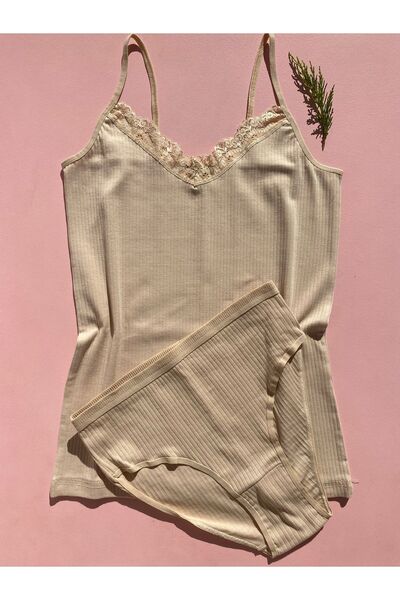 LEYNA BUTİK Fitilli, Pamuklu, Likralı, 4 Adet Yeşil, Mavi, Pembe, Ten Kadın Ip Askılı Atlet Ve Külot Takımı