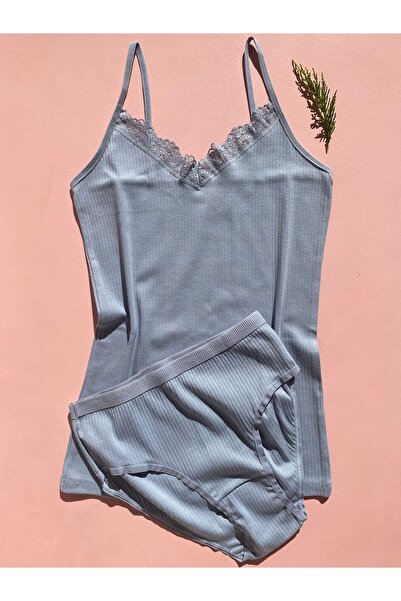 LEYNA BUTİK 4 Pieces Corded Cotton Lycra Women's Undershirt and Panty Set - Green, Blue, Pink, White