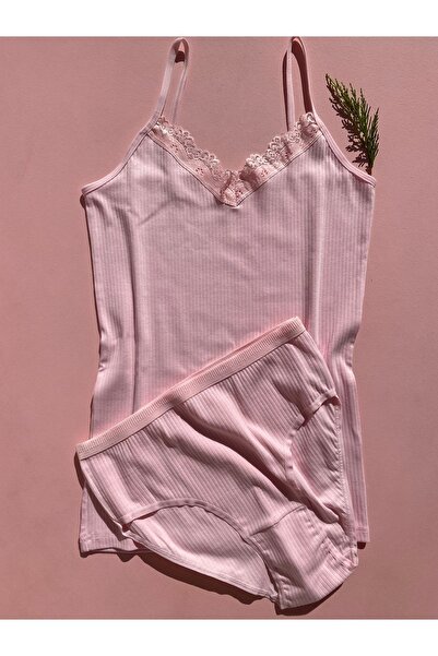 LEYNA BUTİK Corded Cotton Lycra Women's Undershirt and Panty Set - 3 Pieces Pink, Green, Blue