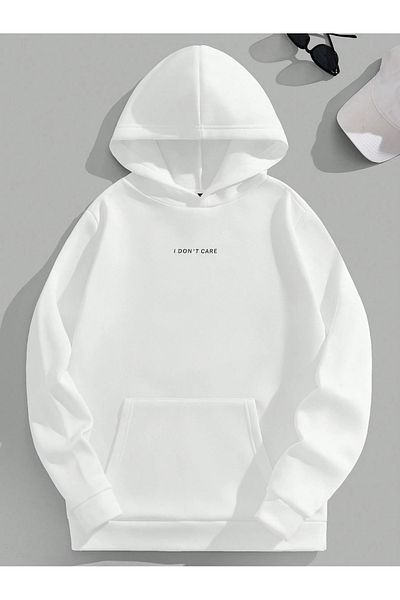 PALPİTO White Unisex Hoodie - I Dont Care Printed, 3 Thread Hooded Sweatshirt