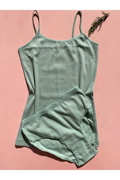 LEYNA BUTİK 4 Pieces Ribbed Black Green Pink Blue Women's Undershirt and Panty Set - Cotton and Lycra
