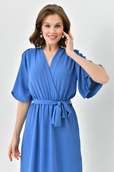 WOMAN VISION Indigo Blue Aerobin Ύφασμα Ελαστική Ζώνη Μέσης Λεπτομερές μανίκι νυχτερίδας 130 cm Midi φόρεμα με διπλό γιακά 097