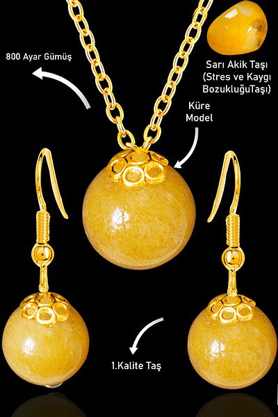 Tesbih Atölyesi Orange Agate Stone Globe Model Necklace and Earring Set - Silver Apparatus