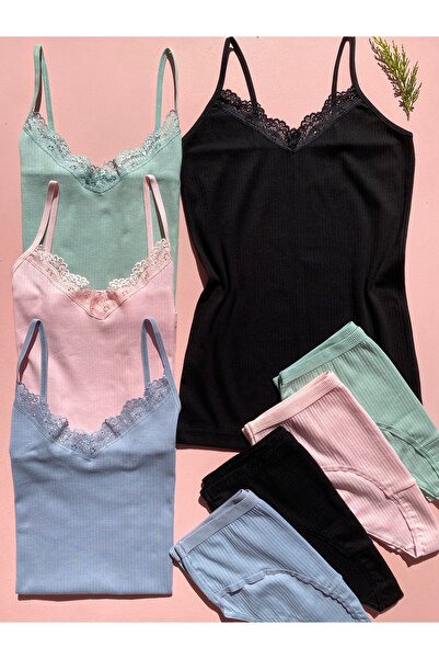 LEYNA BUTİK 4 Pieces Green, Blue, Pink, Black Women's Undershirt and Panty Set - Corded, Cotton, Lycra