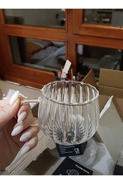 doğanhome 350 ml Çizgili Desenli Isıya Dayanıklı Cam Kupa Kulplu Bardak  2 adet