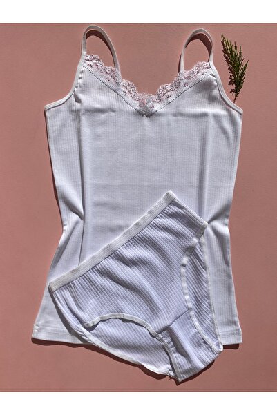 LEYNA BUTİK 4 Pieces Corded Cotton Lycra Women's Undershirt and Panty Set - Green, Blue, Pink, White