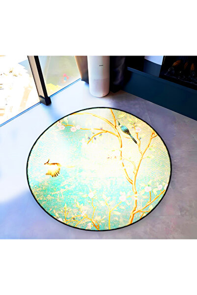 Rugs Modern Halı Mira Round Blue Tones Woven Base with Branch and Bird Detail...