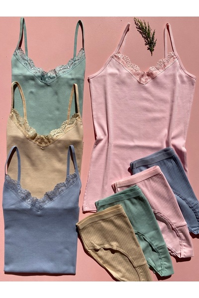 LEYNA BUTİK Fitilli, Pamuklu, Likralı, 4 Adet Yeşil, Mavi, Pembe, Ten Kadın Ip Askılı Atlet Ve Külot Takımı