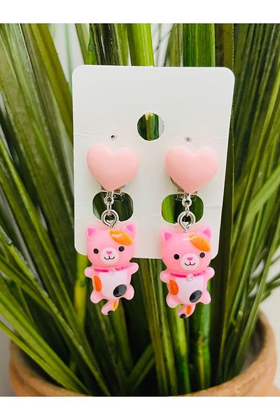 1PARÇAMAVİ Heart Earrings - Pink Cat Clip Children's Earrings - Non-Perforated Earrings