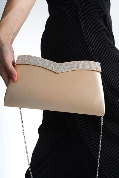 Moda Değirmeni Geantă de seară pentru femei din satin auriu cu detalii în piatră - BG1197-310-0003