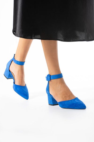 Güllü Shoes Дамски вечерни обувки от син велур Сватбени обувки с дебел ток 5,5 см