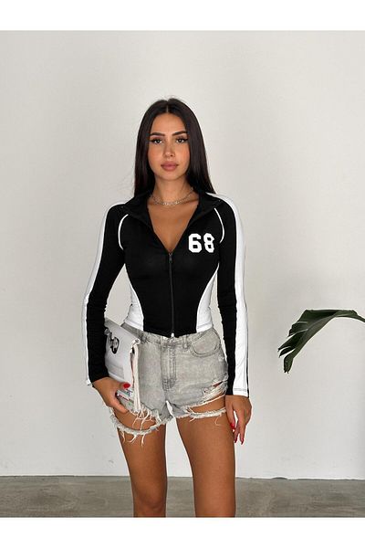 Touz Moda Μαύρη Crop Μπλούζα - 68 Number Racer, Μακρυμάνικη