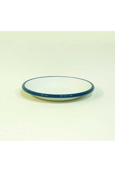 Luyano Enamel Coating on Steel Inner Outer White Cookie Plate Diameter 12 Cm Edge Band Petrol Green 1 Piece