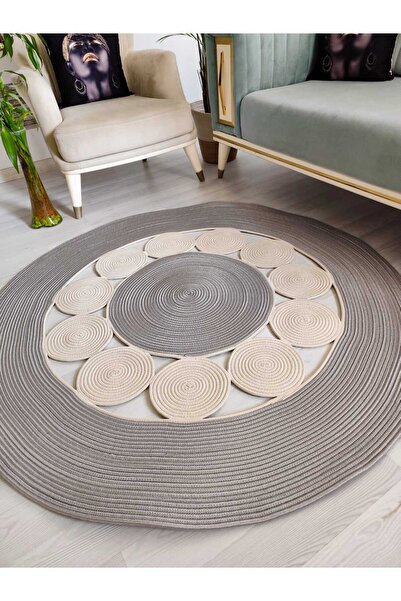 jute Wicker Look Patterned Modern Handmade Circle Carpet Rug