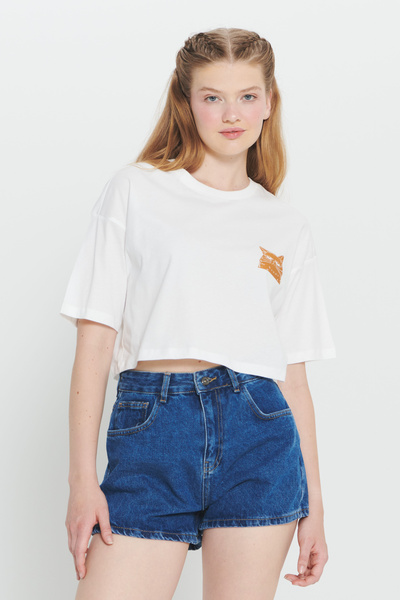 AC&Co / Altınyıldız Classics Μπλουζάκι Ecru Oversize Crop - 100% βαμβάκι, λαιμόκοψη, στάμπα