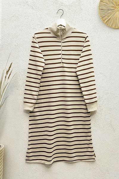 MODAQU High Collar Striped Tunic - Brown
