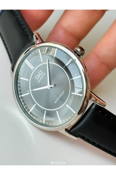 Q&Q Men's Wristwatch - Black Leather Cord, Rosary and Bracelet