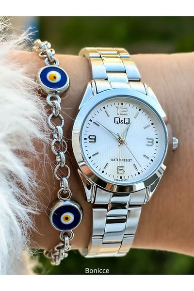 Q&Q Retro Brand Silver Colored Steel Cord Women's Wrist Watch and Evil Eye Beaded Bracelet
