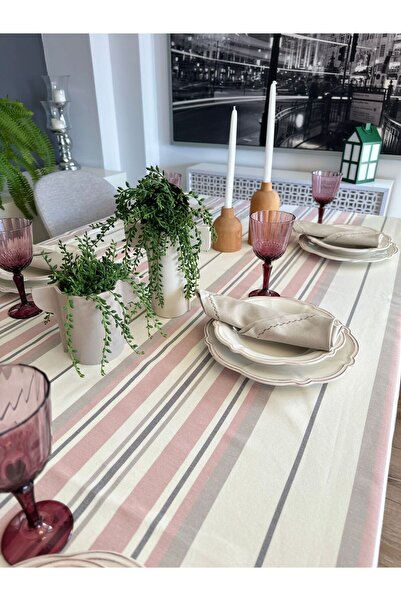 Decamor home Рожева екрю лляна скатертина - з бахромою