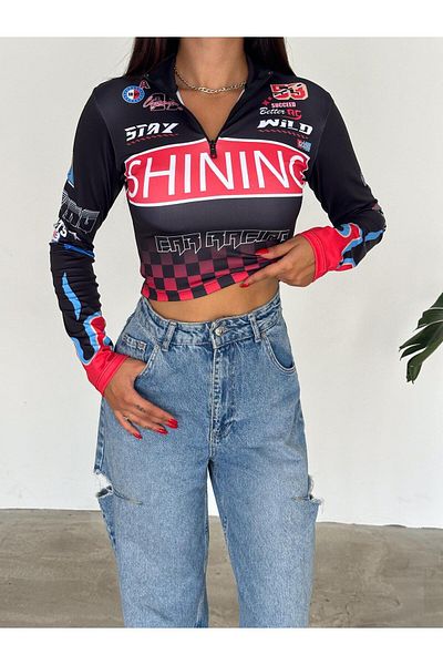 Touz Moda Stay Wild Μαύρη μακρυμάνικη μπλούζα Crop - Racer Neck