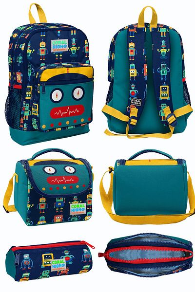Coral High Rucsac de școală cu patru compartimente, cu model de robot indigo, albastru bleumarin