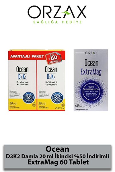 Orzax Ocean D3K2 Damla 20 ml İkincisi %50  + Ocean ExtraMag 60 Tablet