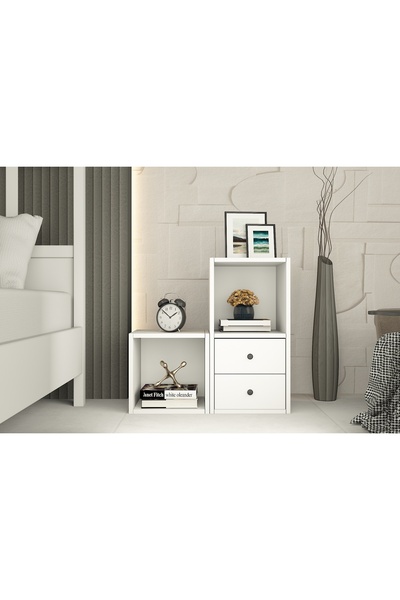 Nettrends Archel 2 Çekmeceli 2 Açık Raflı Modern Tasarım Beyaz Komodin