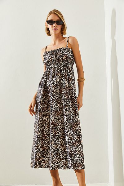 Bianco Lucci Damenkleid aus Satin mit Leopardenmuster – dünne Träger und Gummizug 5968 60251682