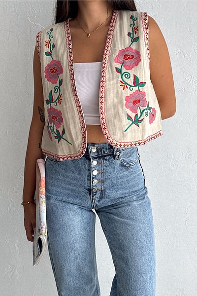 FEMELLE Vestă de damă cu broderie florală vintage bej