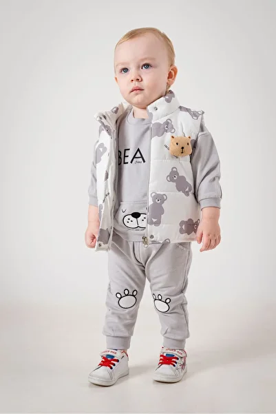 Jikko Baby Baby Boy Inflatable Vest Sweatpants with Teddy Bear Accessories Two Strings 3-Piece Set 6060