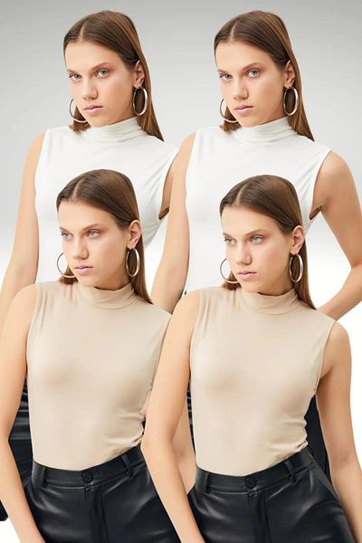 Ladima White and Cream Colored 4-piece Sleeveless Women's Blouse Set