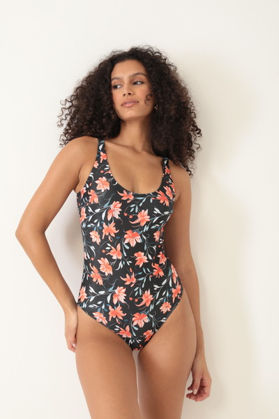 Swana Yaprak Desenli Askılı Mayo-Turuncu