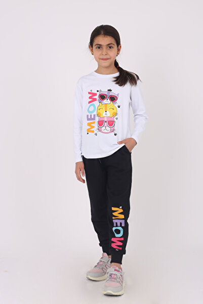 Çiggo Kids Girl's Cotton Under-top Set - Meow Cat Print, Crew Neck, Long Sleeve