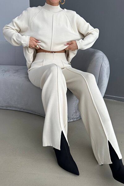 WOMAN VISION Set pulover și pantaloni pentru femei, tricotaje cu guler înalt - mânecă lungă, culoare crem 1070