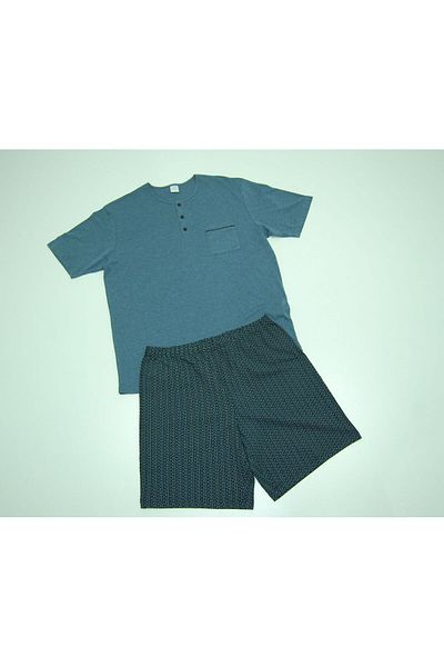 Nur Aka by Nurteks Patterned Blue Melange Shorts Pajama Set.