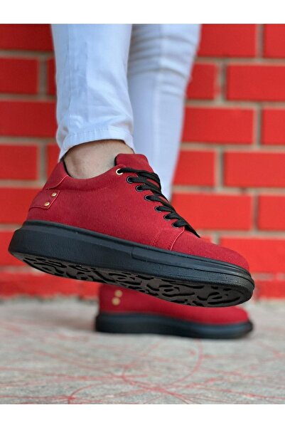 BOUIS Men's Suede Red Sports Casual Shoes High Thick Black Sole Lace-up Sneaker