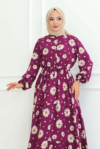 Genel Markalar Papatya Desenli Tesettür Elbise MÜRDÜM