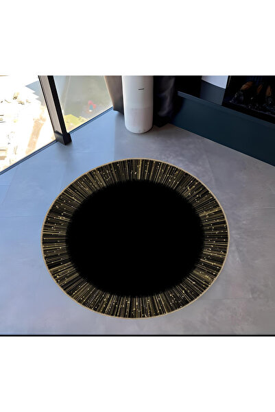 Rugs Modern Halı Black Themed Classic Patterned Line Detailed Round Woven Bas...