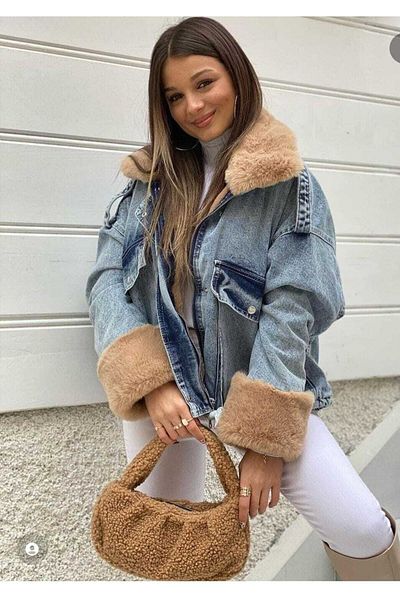 SAGİ JEANS Hnědý džínový kabát s krátkou kožešinou