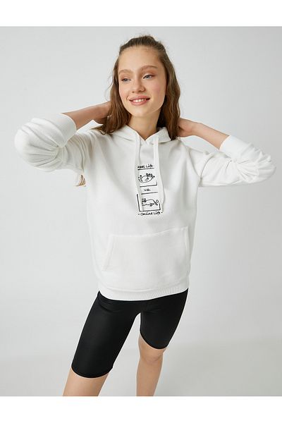 Koton Cat Printed Hooded Sweatshirt Long Sleeve With Fleece Inside