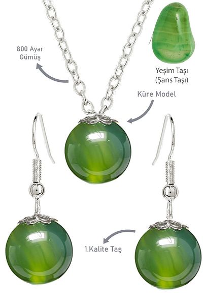 Tesbih Atölyesi Jade Globe Model Necklace and Earring Set - Silver Apparatus