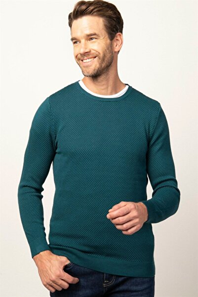 Tudors Erkek Slim Fit Dar Kesim Bisiklet Yaka Petek Desenli Yeşil Triko Kazak